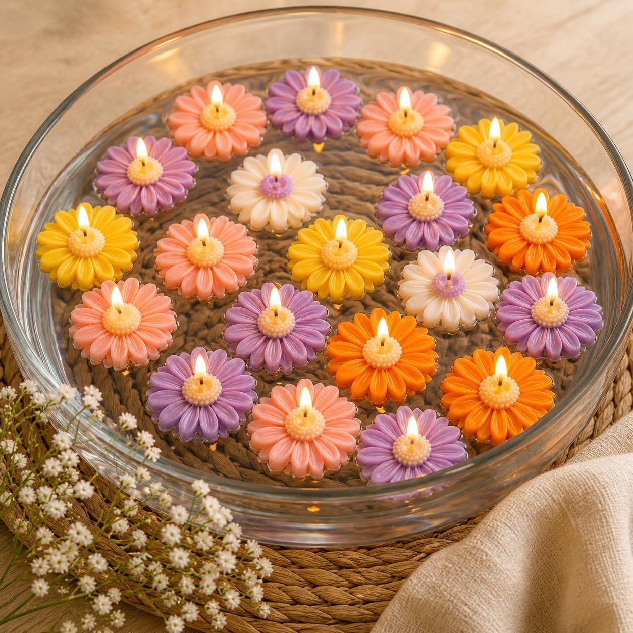 Daisy Flower Floating Candles, Soy Wax, Lavender Scented, Multicolor, Floral Design (Pack of 6) Hover Image